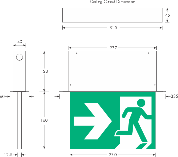 LED Exit Sign - HXS Recessed Series, 270mm